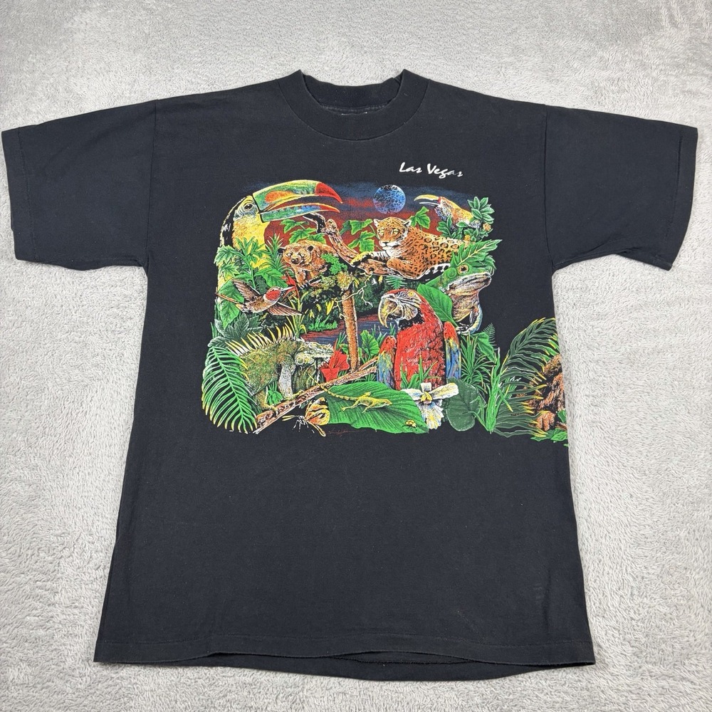 VINTAGE 90s Nature Wraparound Graphic Shirt Mens L Black Rainforest Animals AOP